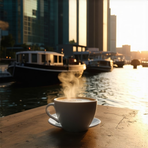 A cup of coffee on a wooden table with the Belgrade Waterfront towers in the background during sunset.