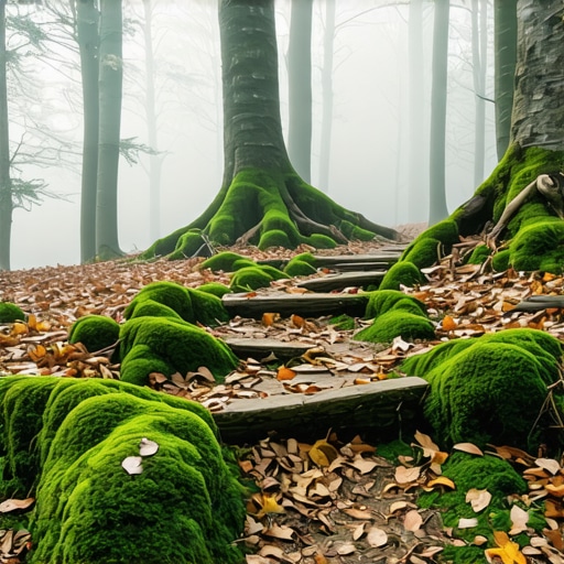 Gusta bukova šuma na Kosmaju sa mahovinom i skrivenom pešačkom stazom bez turista