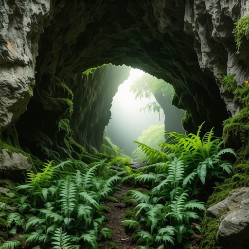 Kameni ulaz u pećinu okružen mahovinom i paprati u prirodi Sokobanje