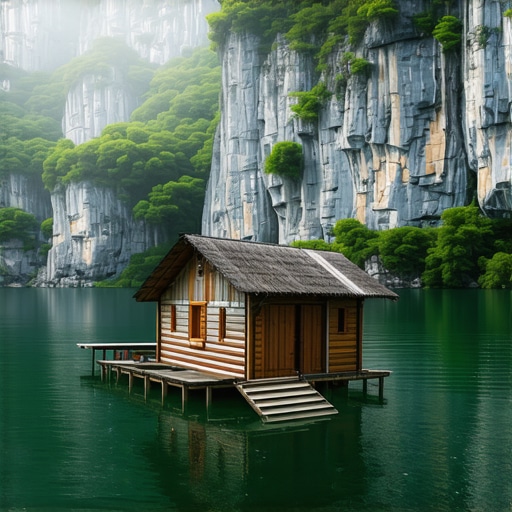 Splav na Perućcu u zoru Drvena kućica na vodi jezera Perućac okružena kanjonom