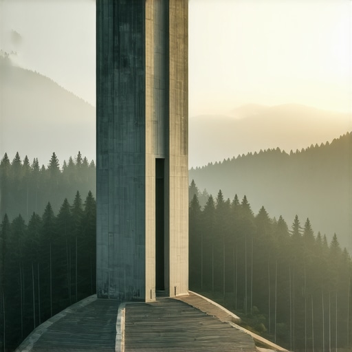 Spomenik Iskra na Kosmaju u zoru Brutalistički spomenik Iskra na vrhu planine Kosmaj okružen gustom šumom u magli.