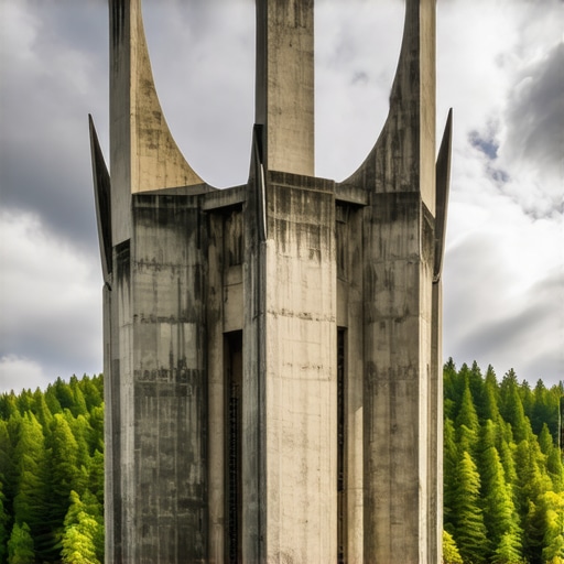 Spomenik na Kosmaju u jutarnjoj magli Brutalisticki spomenik na Kosmaju okruzen sumom pod oblacnim nebom