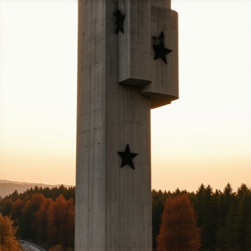 Brutalisticki spomenik na planini Kosmaj pod narandzastim nebom okruzen sumom