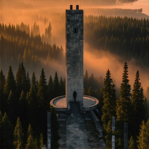 Brutalisticki spomenik na planini Kosmaj okruzen sumom i maglom u rano jutro