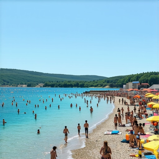 Pogled na plažu Srebrnog jezera i zonu za kupanje sa turistima u 2026. godini.