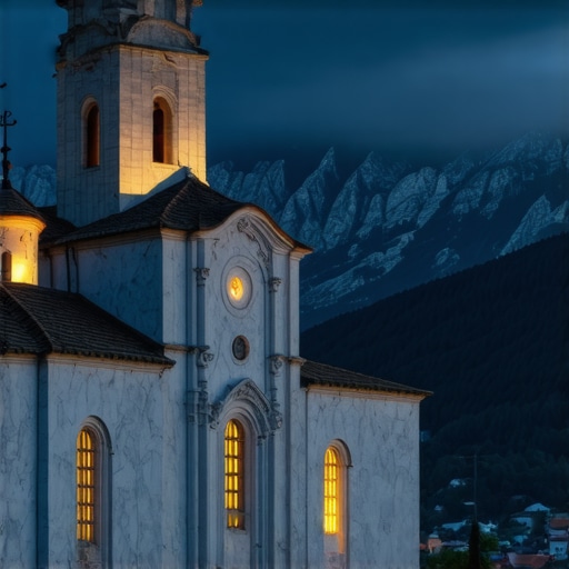 The white marble architecture of Studenica Monastery under the morning mist of Radočelo mountain.