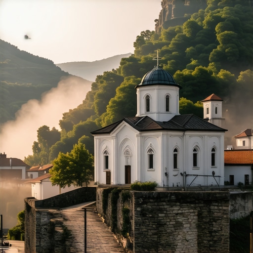 The marble Church of the Virgin in Studenica Monastery during a quiet morning without crowds.