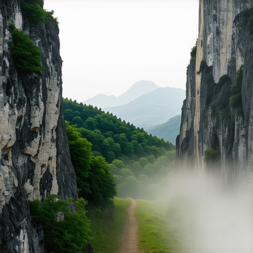 Rugged limestone cliffs of Suva Planina mountain near Niš in the fog