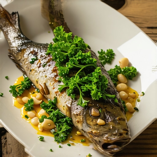 Sveža pastrmka na obali Une Tradicionalna porcija pastrmke u restoranu pored reke Une u Bihaću