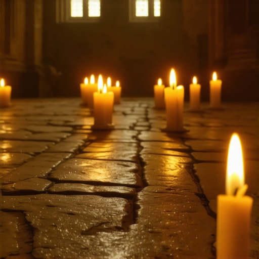 Unutrašnjost manastira Mileševa sa fokusom na teksturu kamena i svetlost sveća