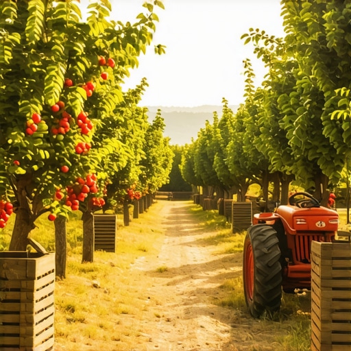 Tradicionalna berba voća u Šumadiji 2026 Redovi trešanja u sunčanom voćnjaku sa drvenim gajbicama na zemlji