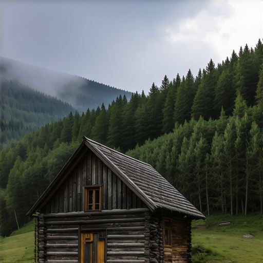 Drvena koliba na Zlatiboru okružena borovima i maglom u sumrak