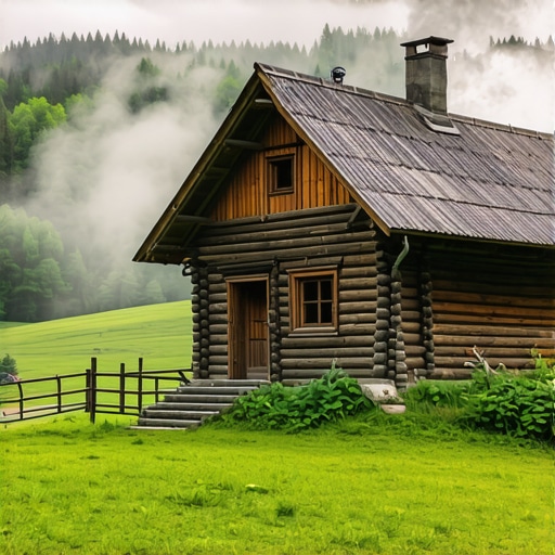 Stara drvena brvnara na Zlatiboru okružena maglom i planinskim pašnjacima