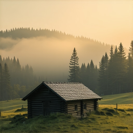 Autentična drvena brvnara na Zlatiboru u selu Jablanica tokom maglovitog jutra