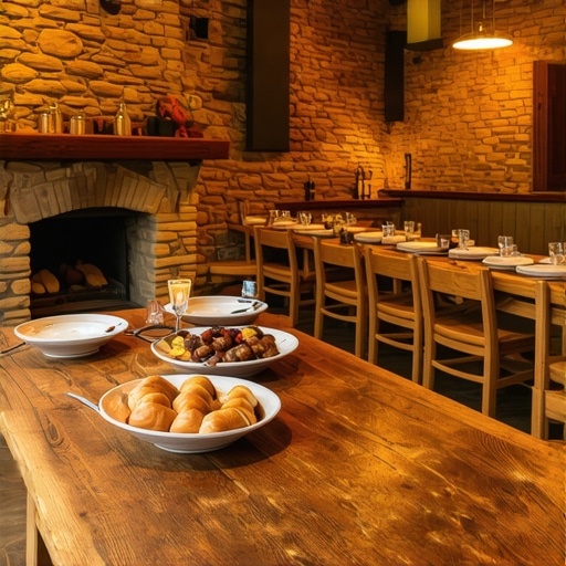 Unutrašnjost autentične srpske kafane sa kaminom i domaćom hranom