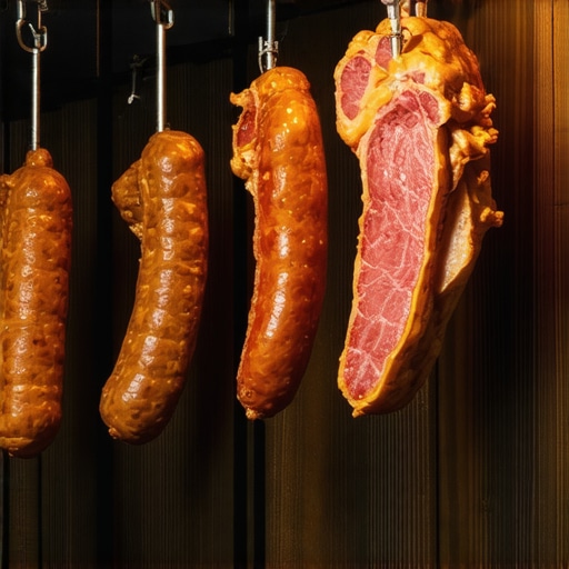 Unutrašnjost stare drvene pušnice sa okačenim pršutama i kobasicama bez aditiva