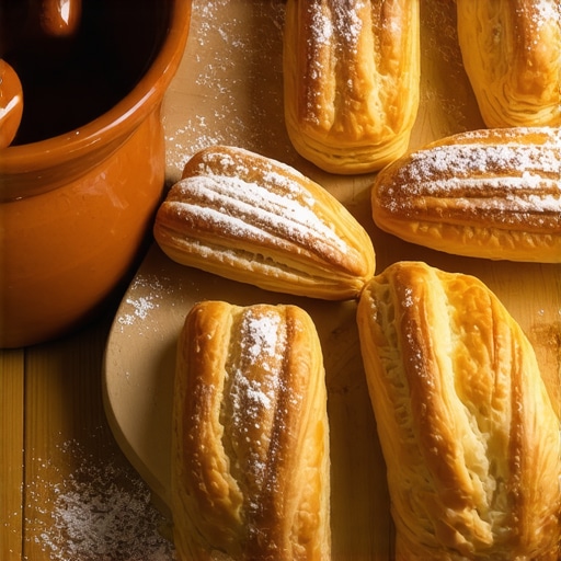 Tradicionalni domaći salčići iz crepulje Slojeviti salčići posuti šećerom u prahu na drvenoj podlozi