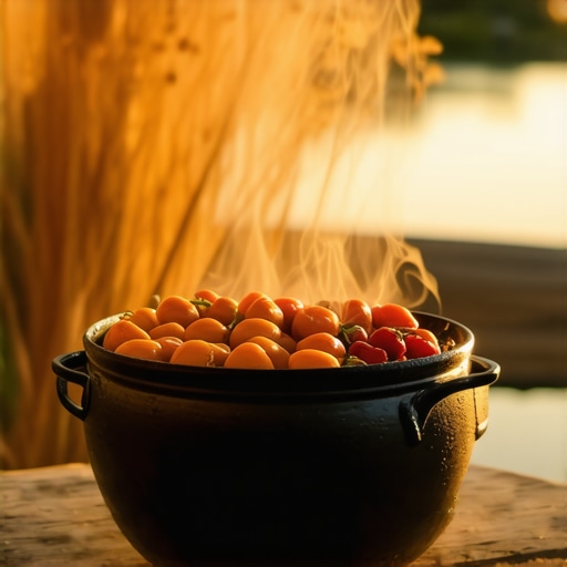 Autentični riblji perkelt u kotliću na drvenom stolu pored jezera