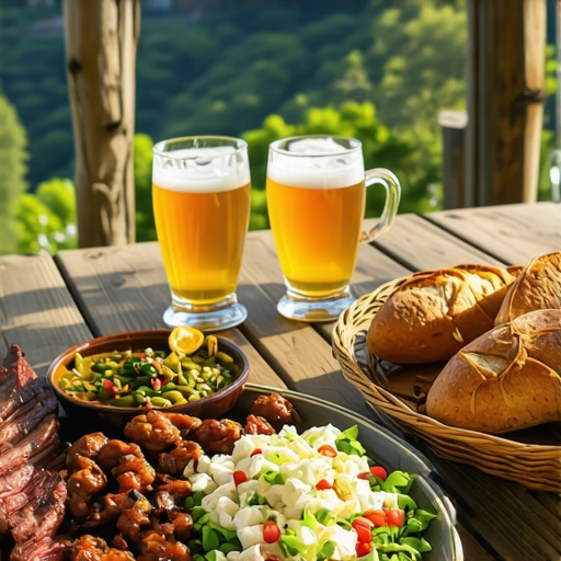Ručak u kafani na Kosmaju sa roštiljem, salatom i domaćim hlebom na kariranom stolnjaku.