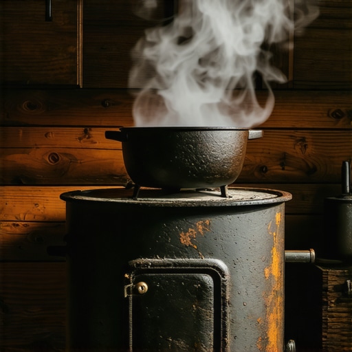 Tradicionalni smederevac na Divčibarama Stari šporet smederevac u autentičnoj brvnari na planini Divčibare sa loncem na plotni