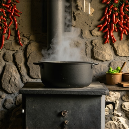 Crni šporet Smederevac sa loncem na vatri u seoskom domaćinstvu