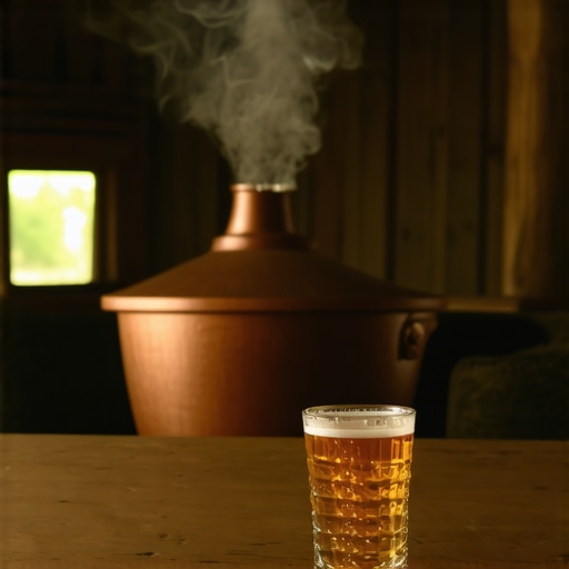 Tradicionalni srpski kazan za rakiju u autentičnom seoskom ambijentu Bakarni kazan za pečenje rakije u starom drvenom vajatu