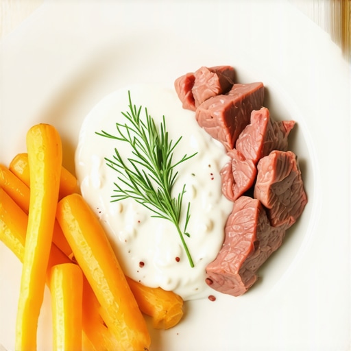 Kuvana junetina sa šargarepom i belim sosom na starinskom tanjiru