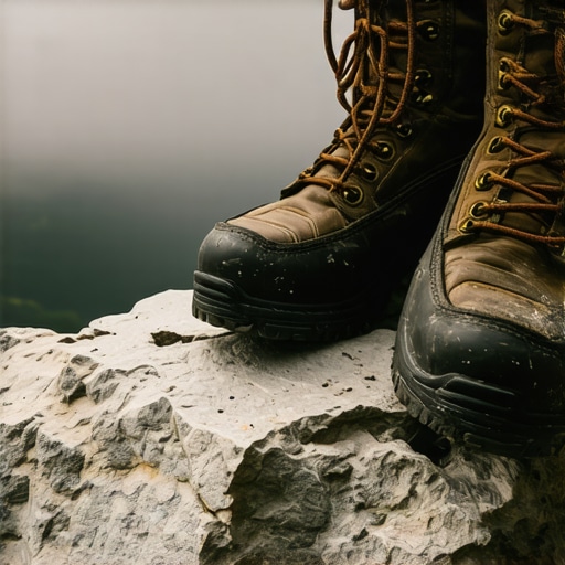 Detalj raspale planinarske obuće sa pijace na mokrom planinskom terenu