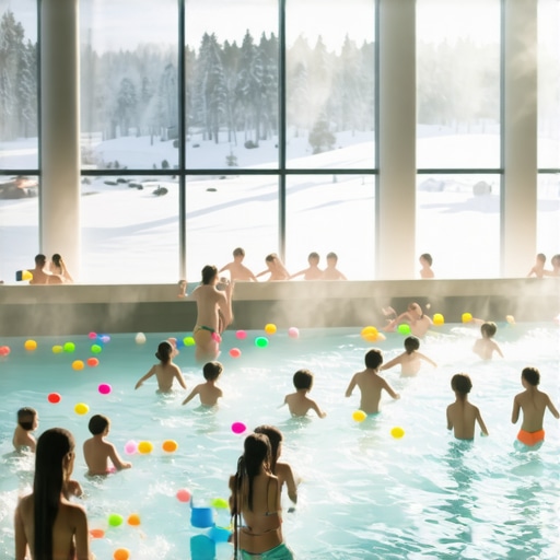 Unutrašnji bazen sa termalnom vodom za decu Porodični spa bazen sa toplom vodom i decom koja se igraju tokom zime