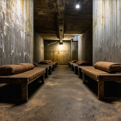 Mračna unutrašnjost vojnog bunkera sa rđavim krevetima i betonskim zidovima na beogradskoj tvrđavi