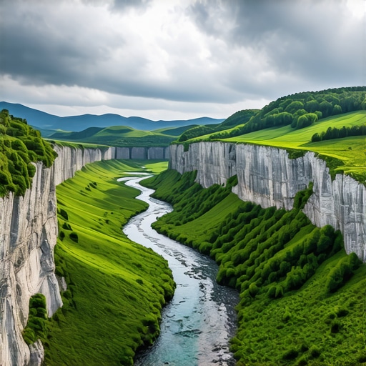 Aerial view of the winding Uvac river meanders between steep green cliffs under a dramatic sky.