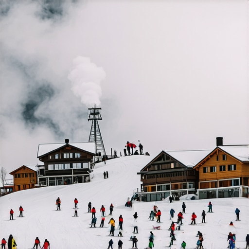 Skijalište Babanovac na Vlašiću zimi sa drvenim kolibama i skijašima