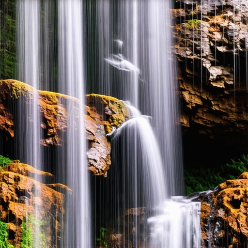 Realističan prikaz vodopada Tupavica sa crvenim stenama i vodenom maglom