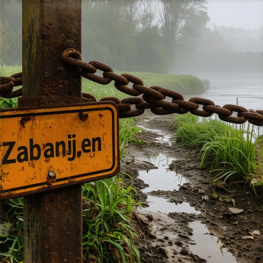 Zabranjen pristup obali reke Zardjali lanac i tabla zabranjen pristup na obali reke u Srbiji