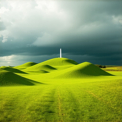 Zagajička brda panorama 2026 Nadrealni pejzaž Zagajičkih brda sa spomenikom u daljini pod olujnim nebom.