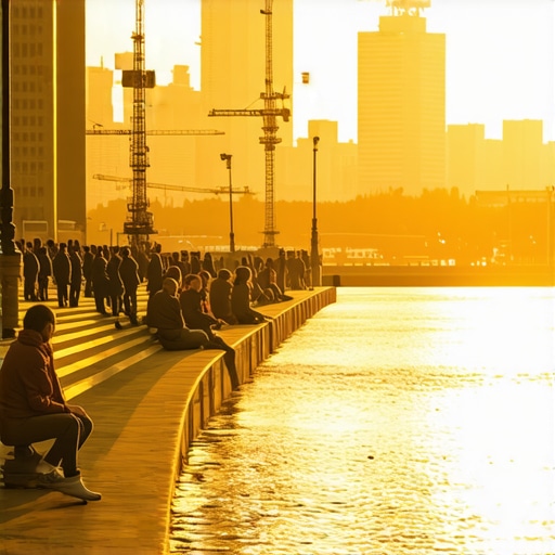 Pogled na reku Savu i beogradsku promenadu u sumrak sa ljudima na obali