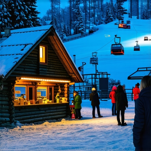 Snežni pejzaž Vlašića sa brvnarama i ski stazom u sumrak