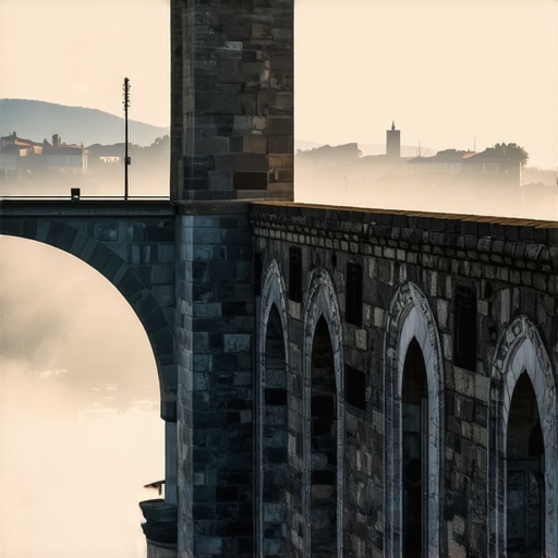 Kamena arhitektura Andrićgrada u magli pored Drine