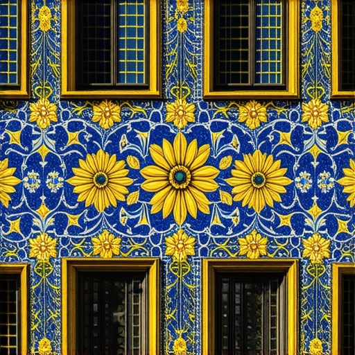 Detalj plavih secesijskih pločica na fasadi Palate Raichle u Subotici