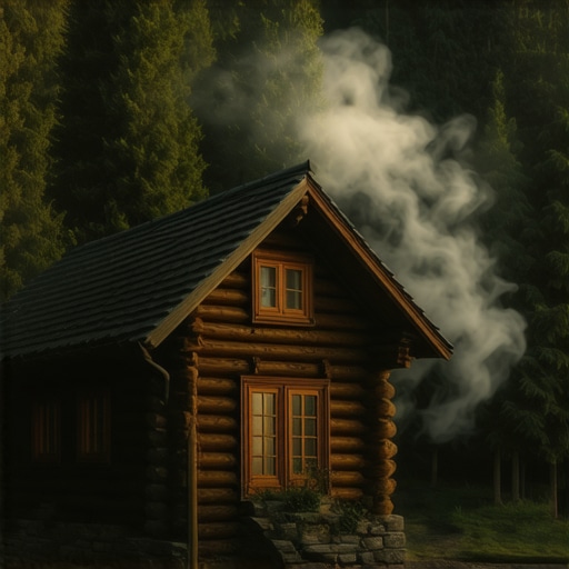 Stara drvena brvnara sa kamenim temeljem u borovoj šumi na planini Goč u magli.