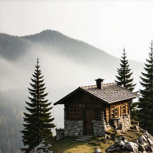 Tradicionalna drvena brvnara u maglovito jutro na planini Ozren u Bosni i Hercegovini.