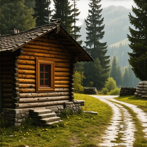 Tradicionalna balkanska arhitektura u eko selu pod maglom