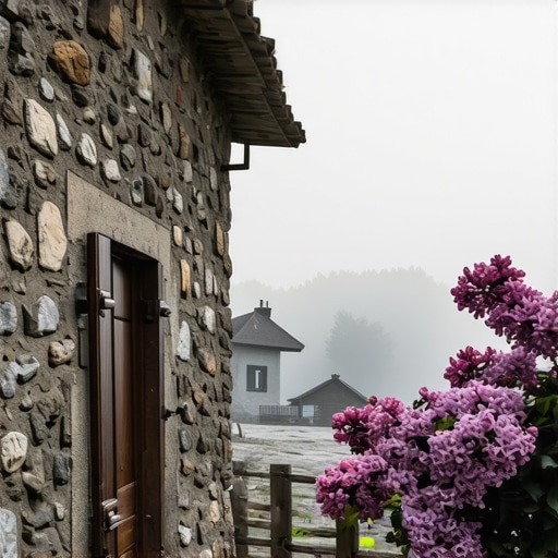 Autentična seoska kuća u okolini Knjaževca Stara kamena kuća u selu kod Knjaževca okružena jorgovanima i maglom