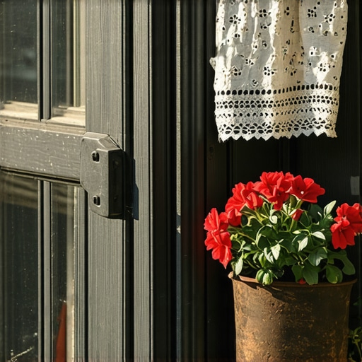 Autentični detalj starog srpskog prozora Staro drvo i ručno rađena čipka na prozoru etno kuće