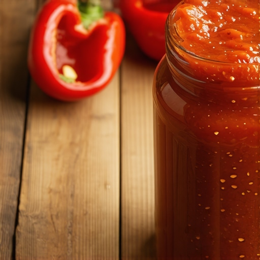 Tegla domaćeg ajvara na drvenom stolu sa pečenim paprikama