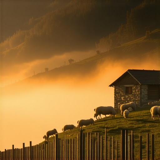 Autentično balkansko eko-selo u magli Stare kamene i drvene kuće u planinskom selu na Balkanu pod jutarnjom maglom.