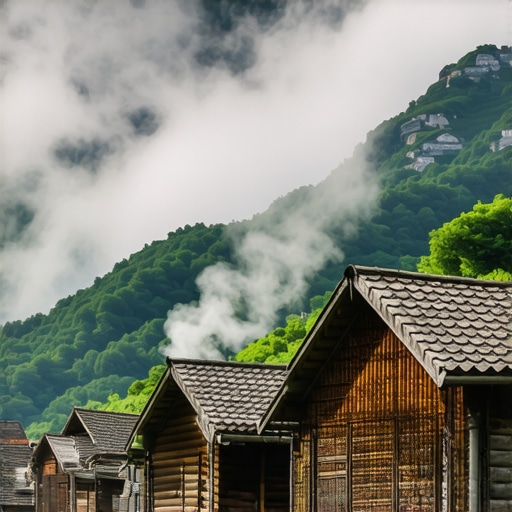 Autentično balkansko eko selo u magli Tradicionalne drvene kuće u balkanskom planinskom selu sa maglom