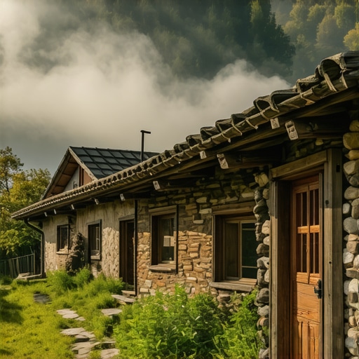 Tradicionalne drvene kuće u maglovito planinsko jutro na Balkanu