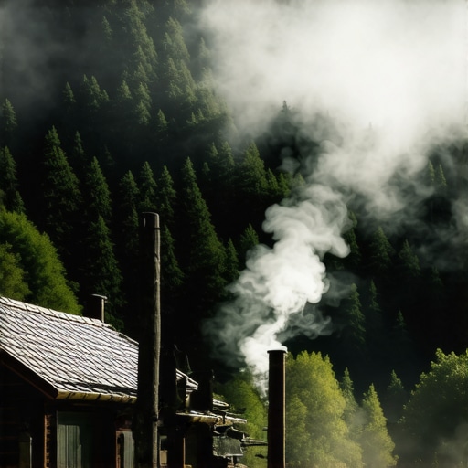 Autentično eko selo na Balkanu u zoru Drvene kolibe u maglovitoj šumi na Balkanu