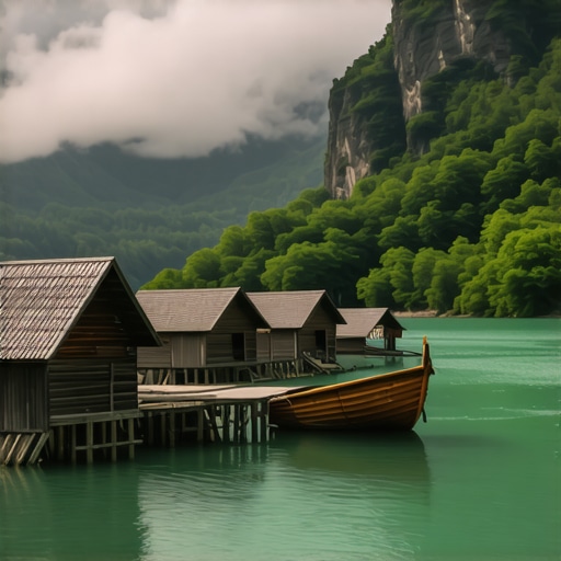 Drvene kućice pored reke na Balkanu pod maglom